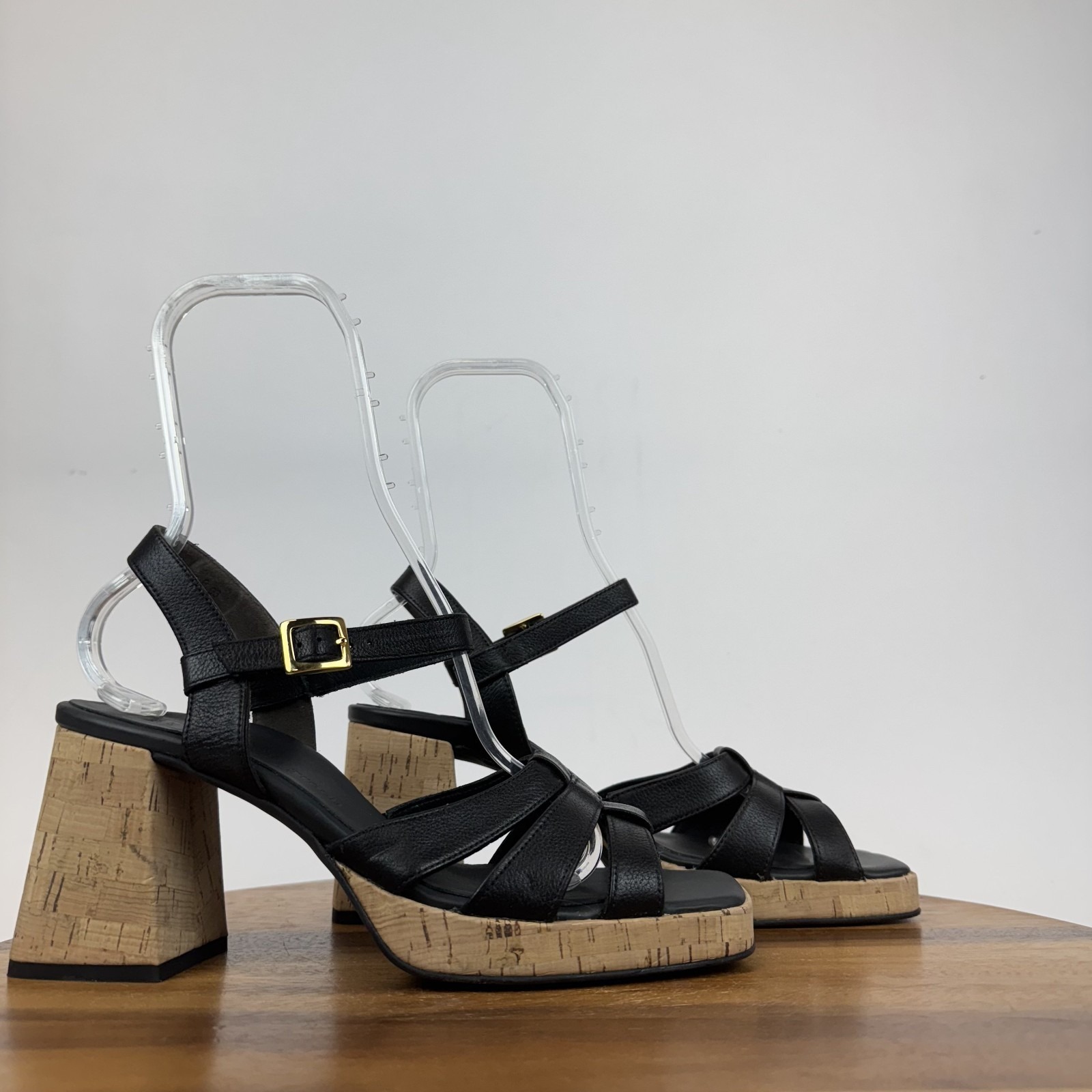 Womens Paul Green Tina Black Leather Strappy Heeled Comfort Sandals Size 10 M